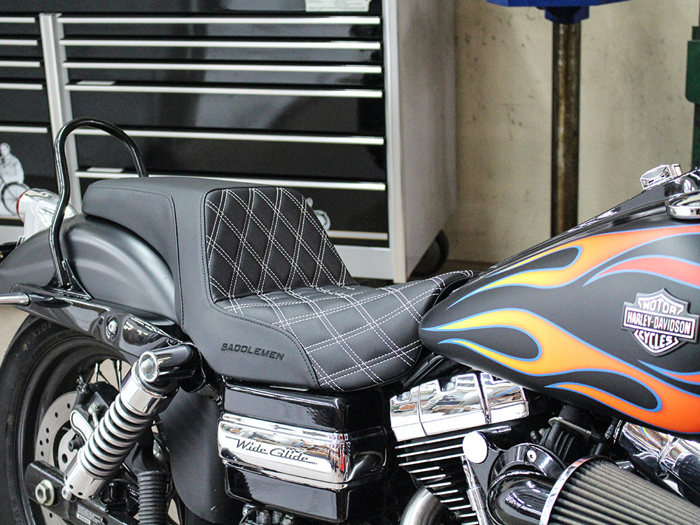 Step-Up LS Dual Seat with White Double Diamond Lattice Stitch. Fits Dyna 2006-2017.