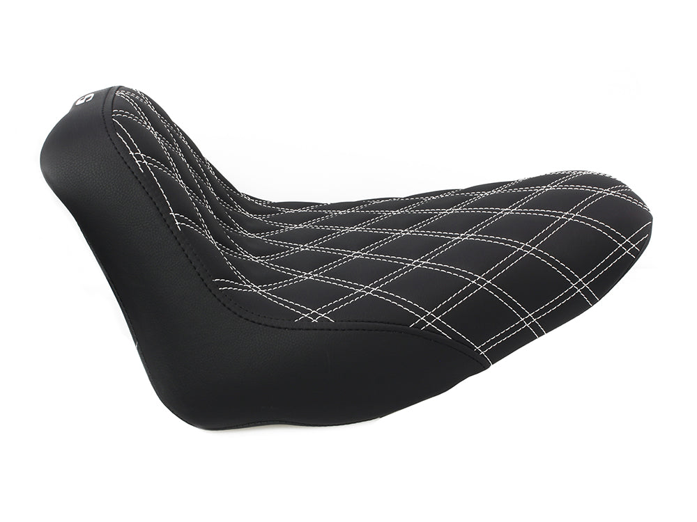 Renegade LS Solo Seat with White Double Diamond Stitch. Fits Softail 2008-2017 with 150 OEM Rear Tyre.