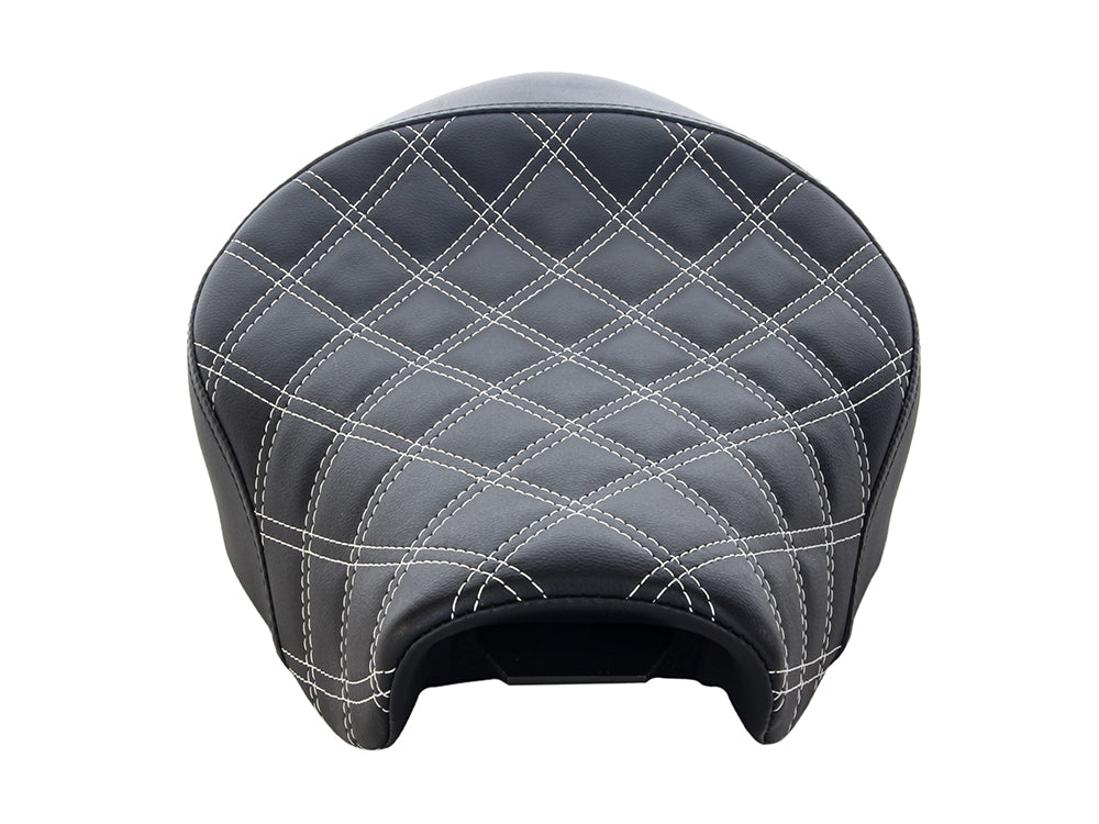 Renegade LS Solo Seat with White Double Diamond Lattice Stitch. Fits Sportster 2004-2021 with 4.5 Gallon Fuel Tank.