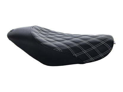 Renegade LS Solo Seat with White Double Diamond Lattice Stitch. Fits Sportster 2004-2021 with 4.5 Gallon Fuel Tank.