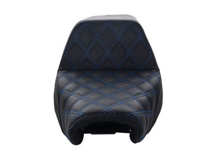 Step-Up LS Dual Seat with Blue Double Diamond Lattice Stitch. Fits Sportster 2004-2021 with 4.5 Gallon Fuel Tank.