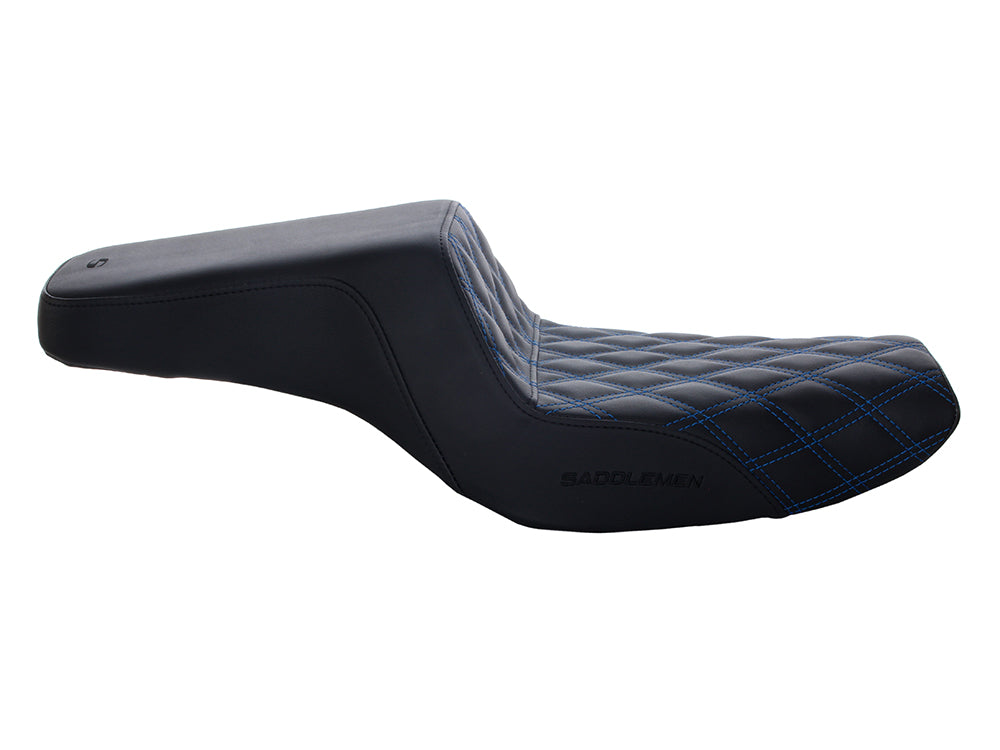 Step-Up LS Dual Seat with Blue Double Diamond Lattice Stitch. Fits Sportster 2004-2021 with 4.5 Gallon Fuel Tank.