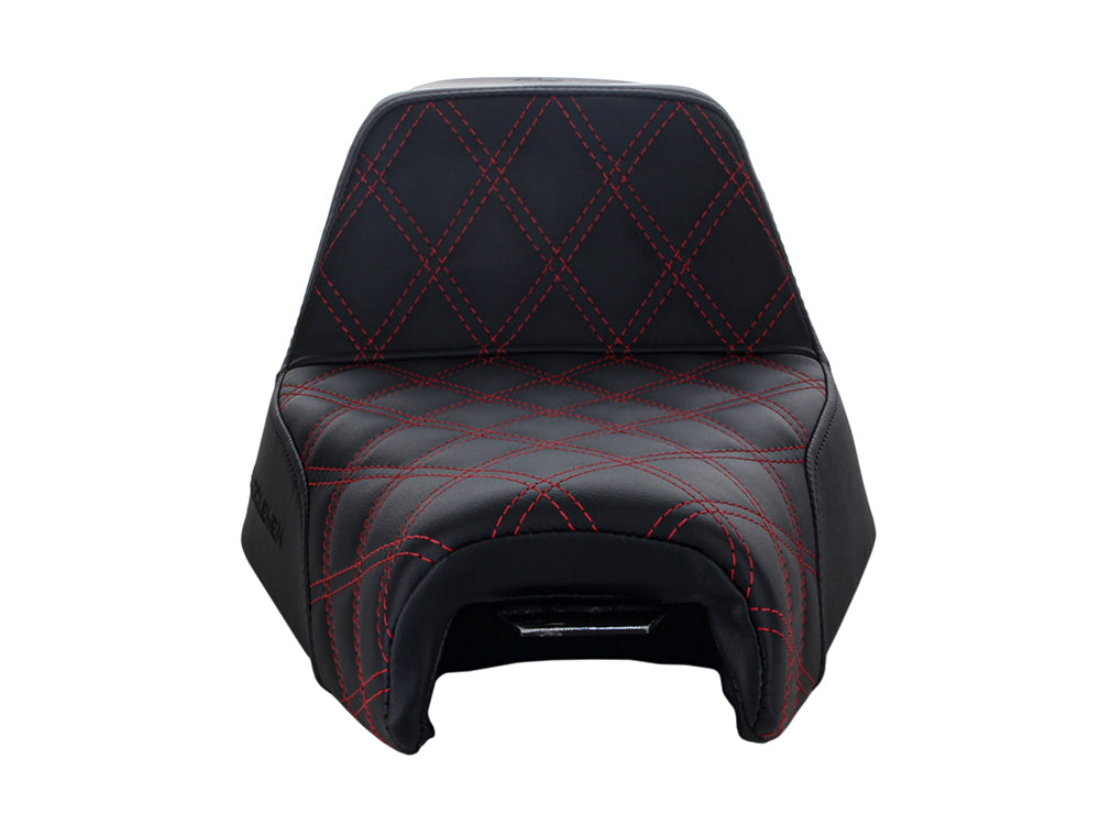 Step-Up LS Dual Seat with Red Double Diamond Lattice Stitch. Fits Sportster 2004-2021 with 4.5 Gallon Fuel Tank.