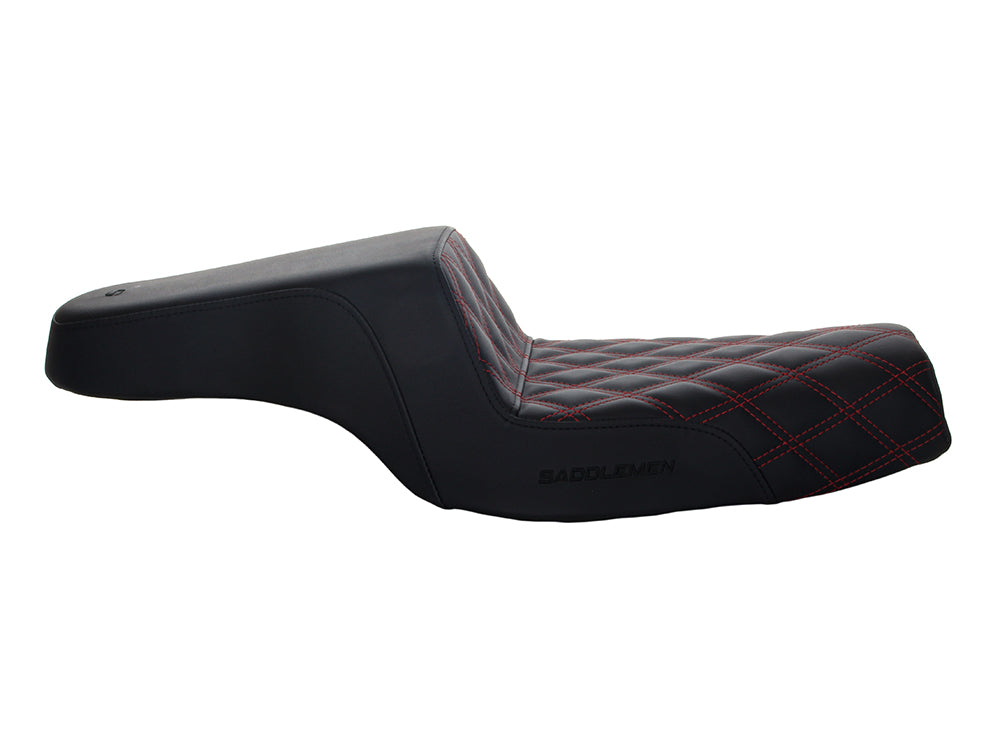 Step-Up LS Dual Seat with Red Double Diamond Lattice Stitch. Fits Sportster 2004-2021 with 4.5 Gallon Fuel Tank.