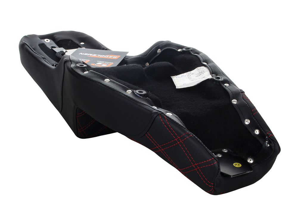 Step-Up LS Dual Seat with Red Double Diamond Lattice Stitch. Fits Sportster 2004-2021 with 4.5 Gallon Fuel Tank.