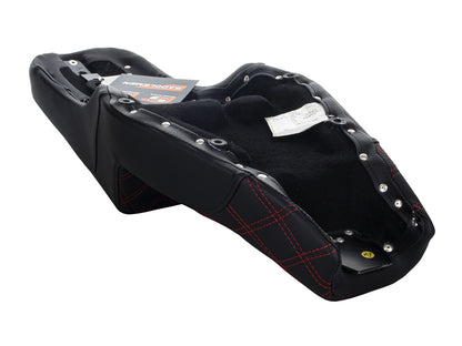 Step-Up LS Dual Seat with Red Double Diamond Lattice Stitch. Fits Sportster 2004-2021 with 4.5 Gallon Fuel Tank.