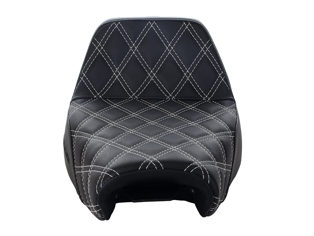 Step-Up LS Dual Seat with White Double Diamond Lattice Stitch. Fits Sportster 2004-2021 with 4.5 Gallon Fuel Tank.