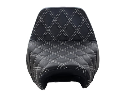 Step-Up LS Dual Seat with White Double Diamond Lattice Stitch. Fits Sportster 2004-2021 with 4.5 Gallon Fuel Tank.
