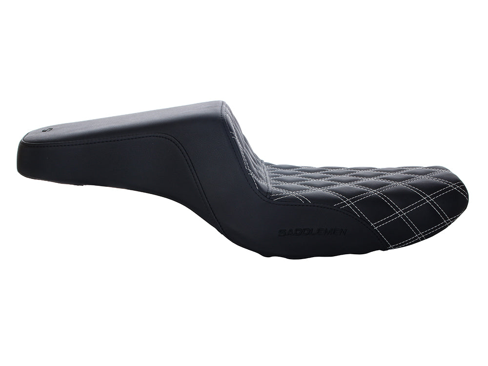 Step-Up LS Dual Seat with White Double Diamond Lattice Stitch. Fits Sportster 2004-2021 with 4.5 Gallon Fuel Tank.