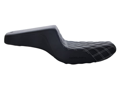 Step-Up LS Dual Seat with White Double Diamond Lattice Stitch. Fits Sportster 2004-2021 with 4.5 Gallon Fuel Tank.