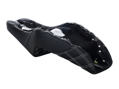 Step-Up LS Dual Seat with White Double Diamond Lattice Stitch. Fits Sportster 2004-2021 with 4.5 Gallon Fuel Tank.