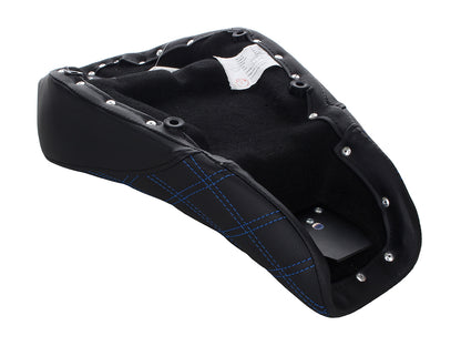 Renegade LS Solo Seat with Blue Double Diamond Lattice Stitch. Fits Sportster 2004-2021 with 3.3 Gallon Fuel Tank.