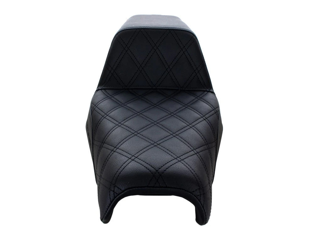 Step-Up LS Dual Seat with Black Double Diamond Lattice Stitch. Fits Sportster 2004-2021 with 3.3 Gallon Fuel Tank.