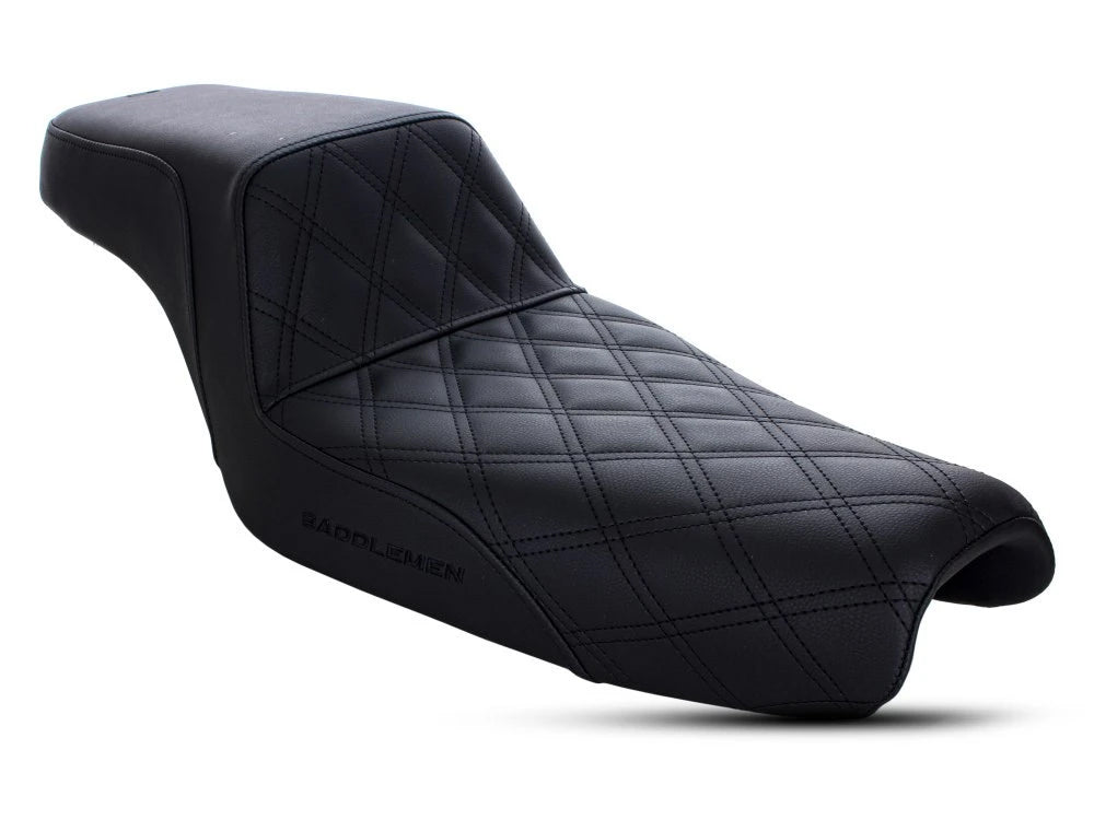 Step-Up LS Dual Seat with Black Double Diamond Lattice Stitch. Fits Sportster 2004-2021 with 3.3 Gallon Fuel Tank.