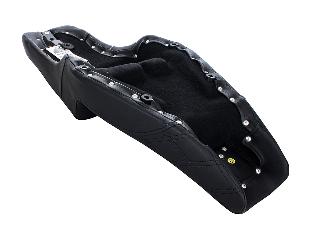 Step-Up LS Dual Seat with Black Double Diamond Lattice Stitch. Fits Sportster 2004-2021 with 3.3 Gallon Fuel Tank.