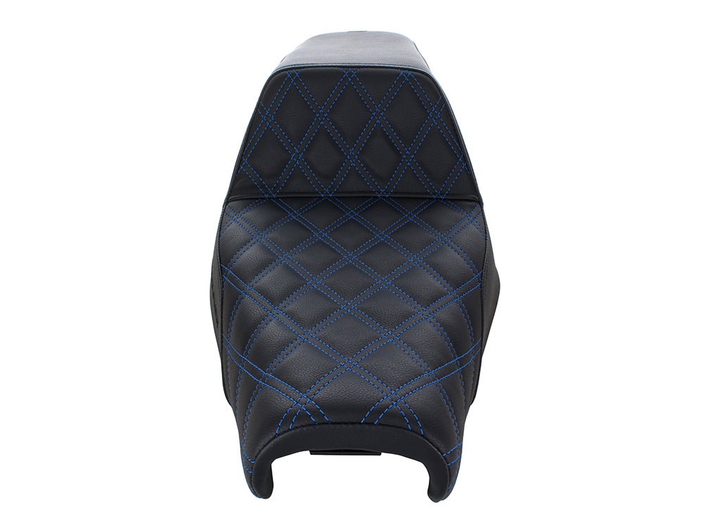 Step-Up LS Dual Seat with Blue Double Diamond Lattice Stitch. Fits Sportster 2004-2021 with 3.3 Gallon Fuel Tank.