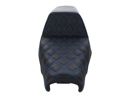 Step-Up LS Dual Seat with Blue Double Diamond Lattice Stitch. Fits Sportster 2004-2021 with 3.3 Gallon Fuel Tank.