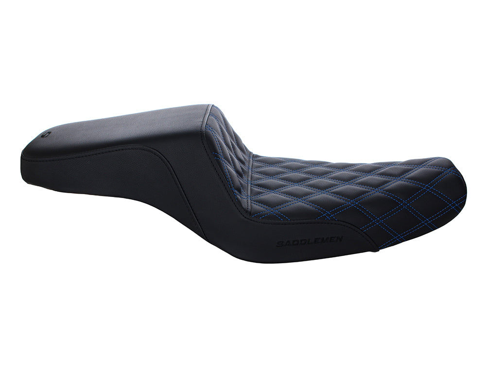 Step-Up LS Dual Seat with Blue Double Diamond Lattice Stitch. Fits Sportster 2004-2021 with 3.3 Gallon Fuel Tank.