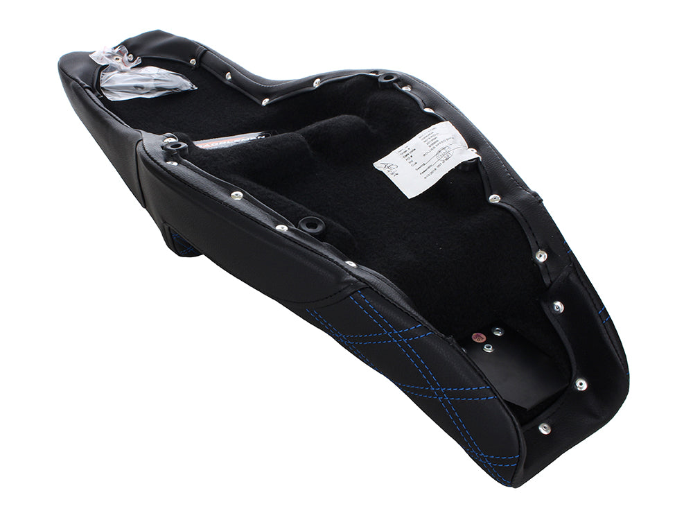 Step-Up LS Dual Seat with Blue Double Diamond Lattice Stitch. Fits Sportster 2004-2021 with 3.3 Gallon Fuel Tank.