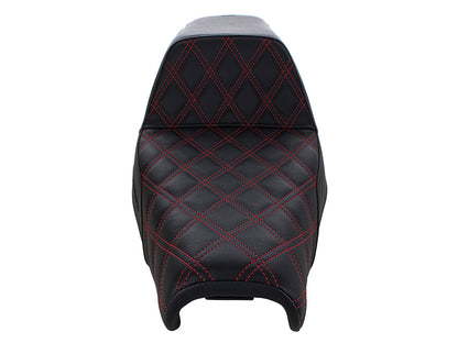 Step-Up LS Dual Seat with Red Double Diamond Lattice Stitch. Fits Sportster 2004-2021 with 3.3 Gallon Fuel Tank.