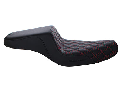 Step-Up LS Dual Seat with Red Double Diamond Lattice Stitch. Fits Sportster 2004-2021 with 3.3 Gallon Fuel Tank.