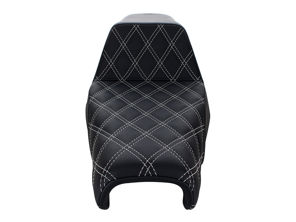 Step-Up LS Dual Seat with White Double Diamond Lattice Stitch. Fits Sportster 2004-2021 with 3.3 Gallon Fuel Tank.