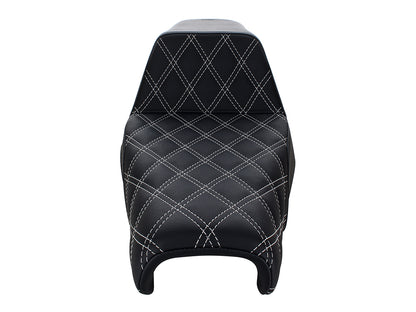 Step-Up LS Dual Seat with White Double Diamond Lattice Stitch. Fits Sportster 2004-2021 with 3.3 Gallon Fuel Tank.