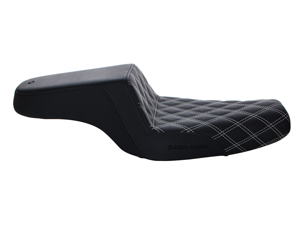 Step-Up LS Dual Seat with White Double Diamond Lattice Stitch. Fits Sportster 2004-2021 with 3.3 Gallon Fuel Tank.