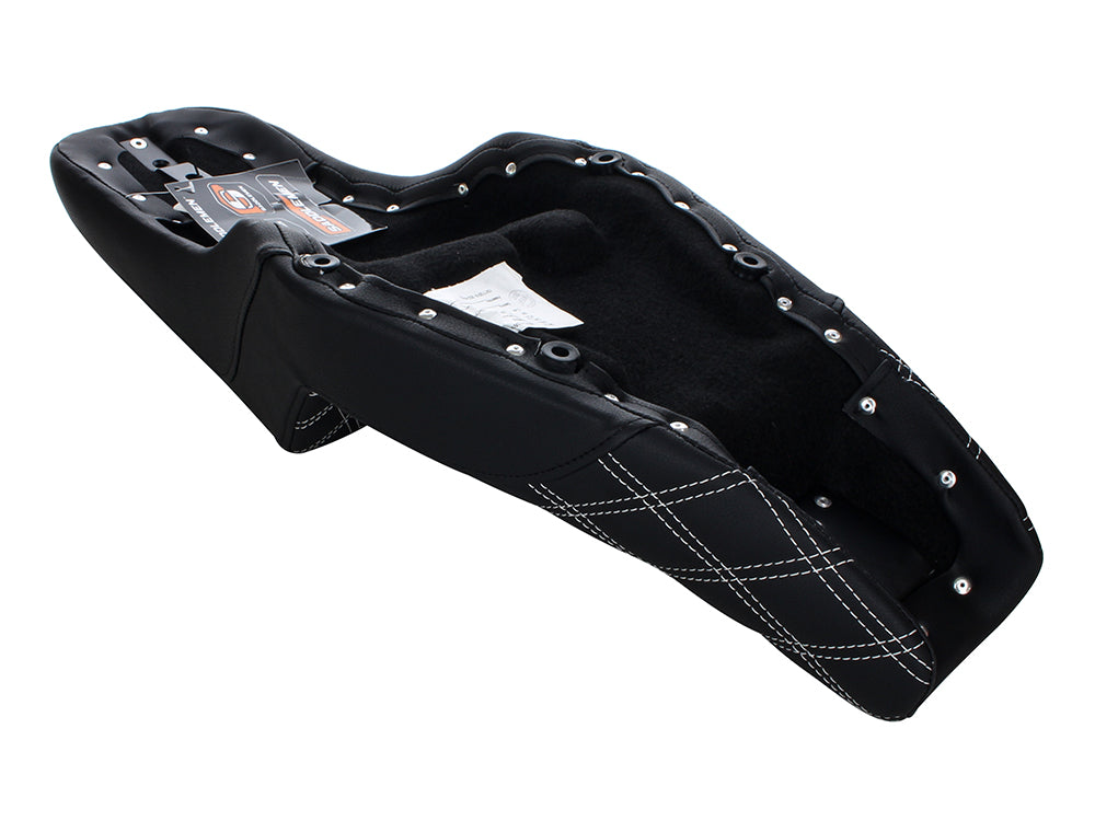 Step-Up LS Dual Seat with White Double Diamond Lattice Stitch. Fits Sportster 2004-2021 with 3.3 Gallon Fuel Tank.