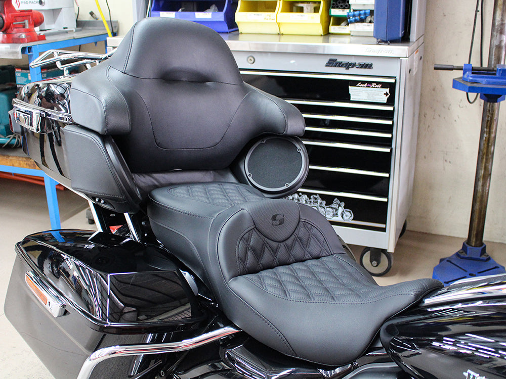 Roadsofa LS Dual Seat with Black Double Diamond Lattice Stitch. Fits Most Touring 2008-2024