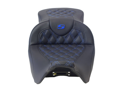 Roadsofa LS Dual Seat with Blue Double Diamond Lattice Stitch. Fits Most Touring 2008-2024