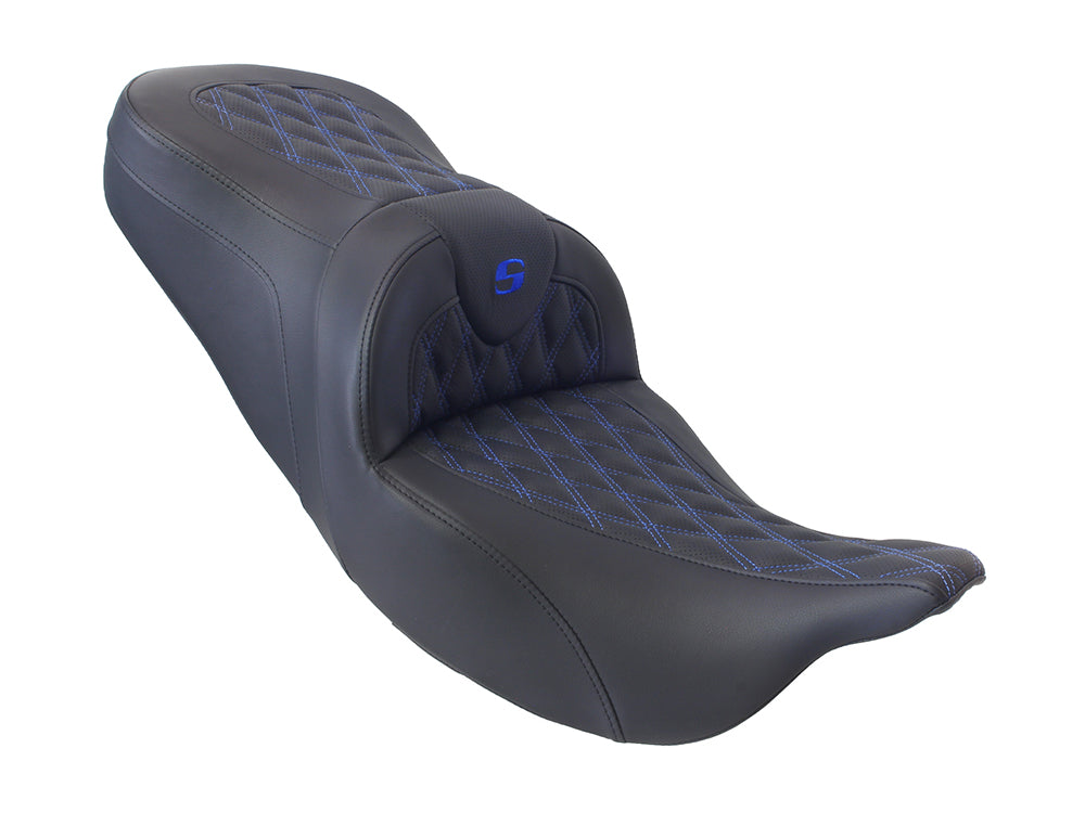 Roadsofa LS Dual Seat with Blue Double Diamond Lattice Stitch. Fits Most Touring 2008-2024