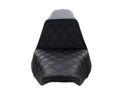 Step-Up LS Dual Seat with Black Double Diamond Lattice Stitch. Fits Softail Slim 2012-2017 & Blackline 2011-2013.