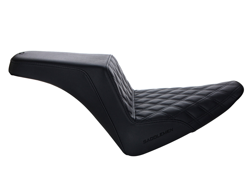 Step-Up LS Dual Seat with Black Double Diamond Lattice Stitch. Fits Softail Slim 2012-2017 & Blackline 2011-2013.