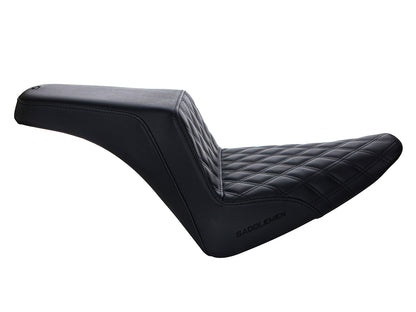 Step-Up LS Dual Seat with Black Double Diamond Lattice Stitch. Fits Softail Slim 2012-2017 & Blackline 2011-2013.