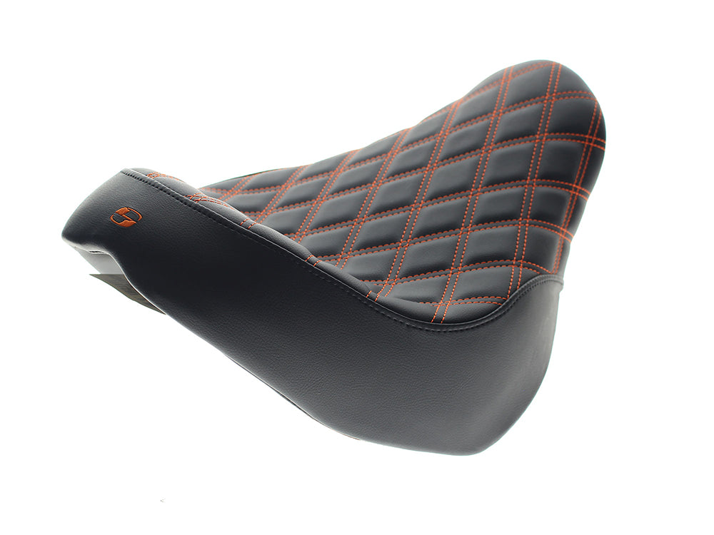 Renegade LS Solo Seat with Orange Double Diamond Lattice Stitch. Fits Fat Boy 2018up & Breakout 2023up