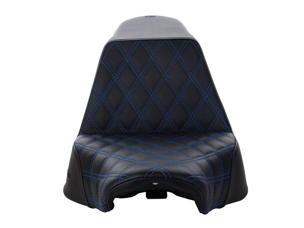 Step-Up Front LS Dual Seat with Blue Double Diamond Lattice Stitch. Fits Fat Boy 2018up & Breakout 2023up