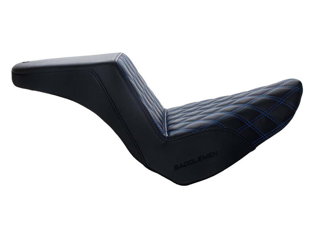 Step-Up Front LS Dual Seat with Blue Double Diamond Lattice Stitch. Fits Fat Boy 2018up & Breakout 2023up
