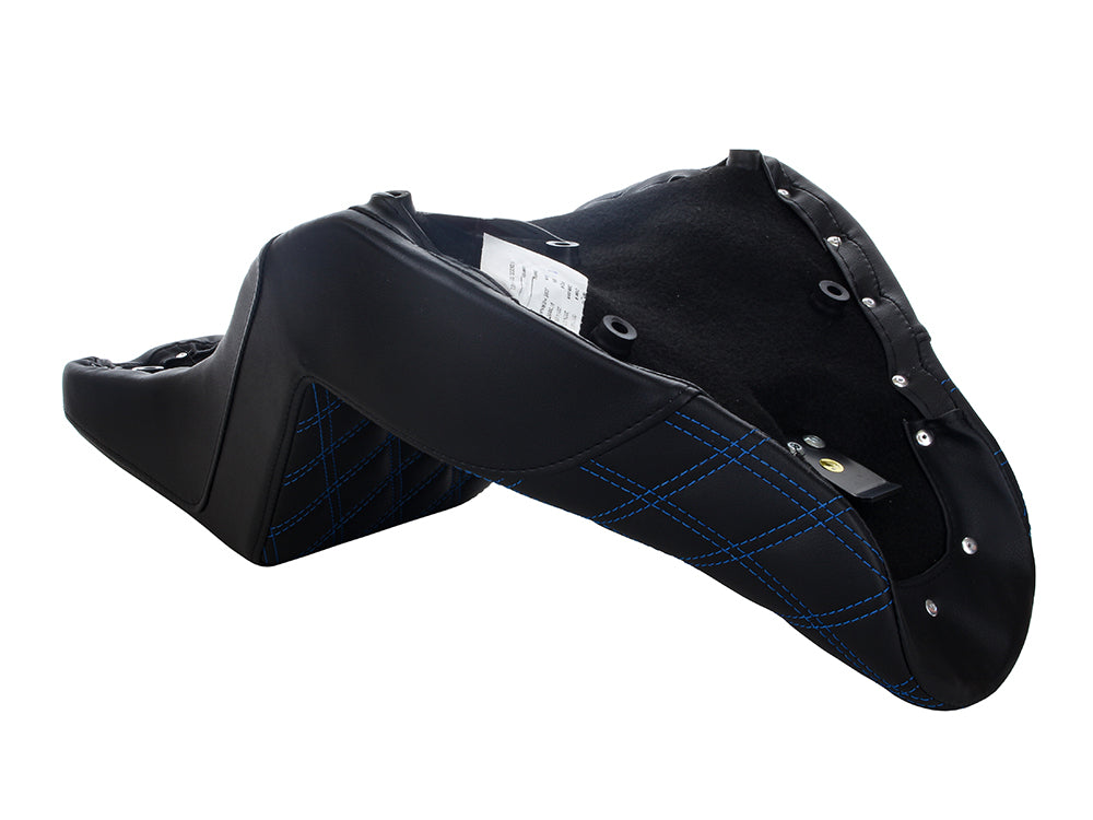 Step-Up Front LS Dual Seat with Blue Double Diamond Lattice Stitch. Fits Fat Boy 2018up & Breakout 2023up