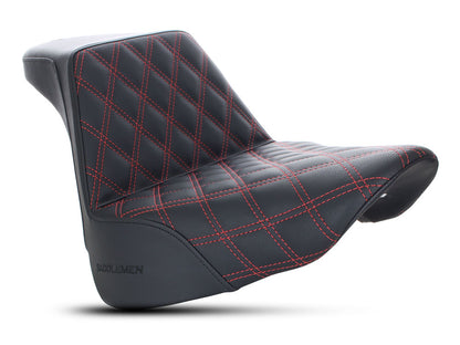 Step-Up Front LS Dual Seat with Red Double Diamond Lattice Stitch. Fits Fat Boy 2018up & Breakout 2023up