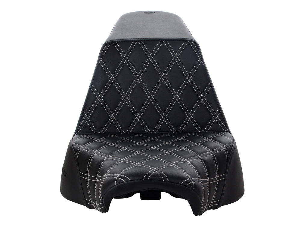 Step-Up Front LS Dual Seat with Silver Double Diamond Lattice Stitch. Fits Fat Boy 2018up & Breakout 2023up