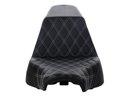 Step-Up Front LS Dual Seat with Silver Double Diamond Lattice Stitch. Fits Fat Boy 2018up & Breakout 2023up