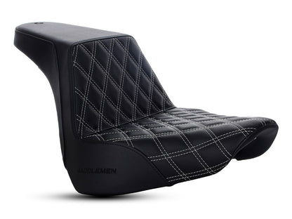 Step-Up Front LS Dual Seat with Silver Double Diamond Lattice Stitch. Fits Fat Boy 2018up & Breakout 2023up