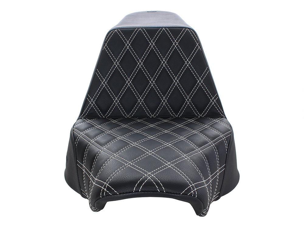 Step-Up Front LS Dual Seat with White Double Diamond Lattice Stitch. Fits Fat Boy 2018up & Breakout 2023up