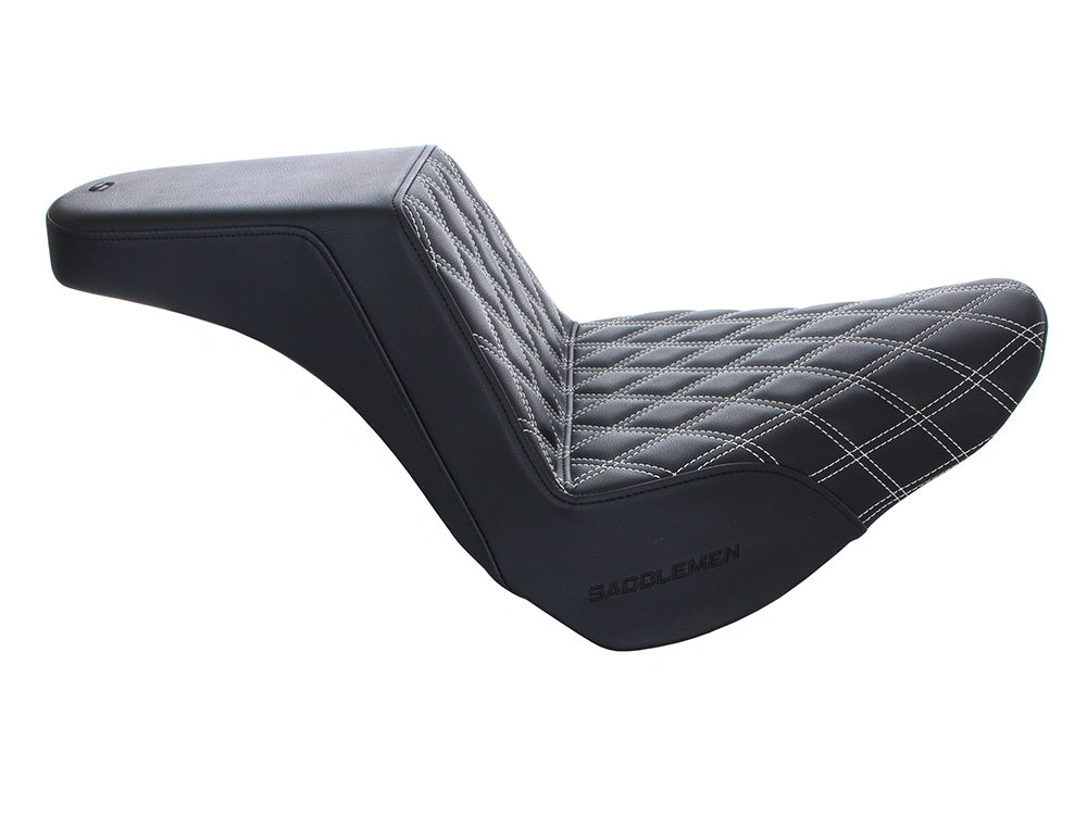 Step-Up Front LS Dual Seat with White Double Diamond Lattice Stitch. Fits Fat Boy 2018up & Breakout 2023up
