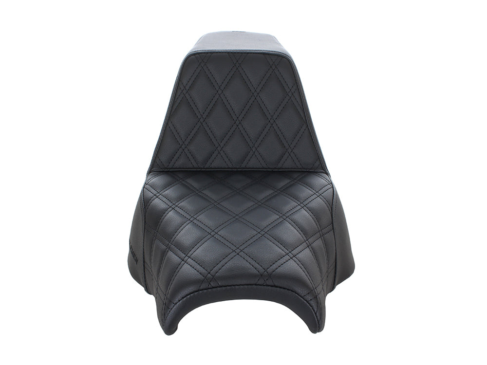Step-Up LS Dual Seat with Black Double Diamond Lattice Stitch. Fits Fat Bob 2018-2024