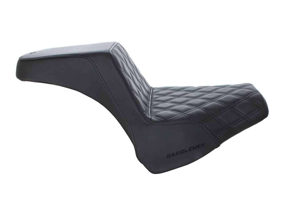 Step-Up LS Dual Seat with Black Double Diamond Lattice Stitch. Fits Fat Bob 2018-2024