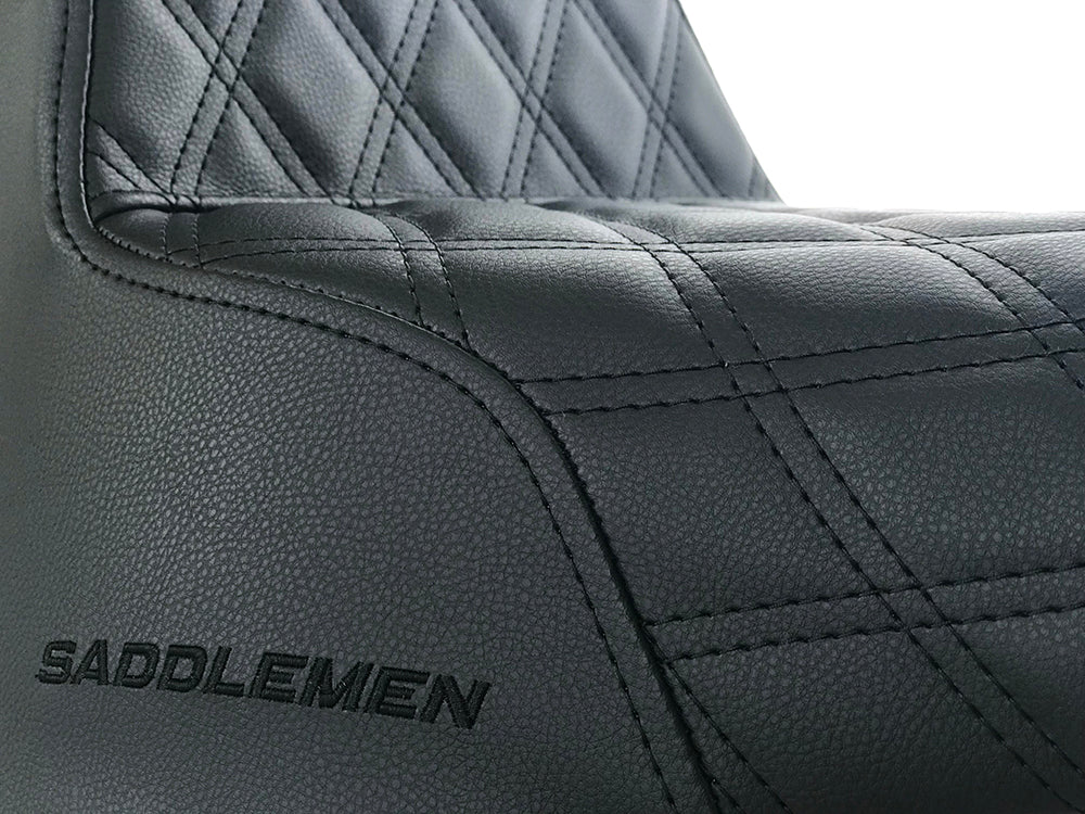 Step-Up LS Dual Seat with Black Double Diamond Lattice Stitch. Fits Fat Bob 2018-2024