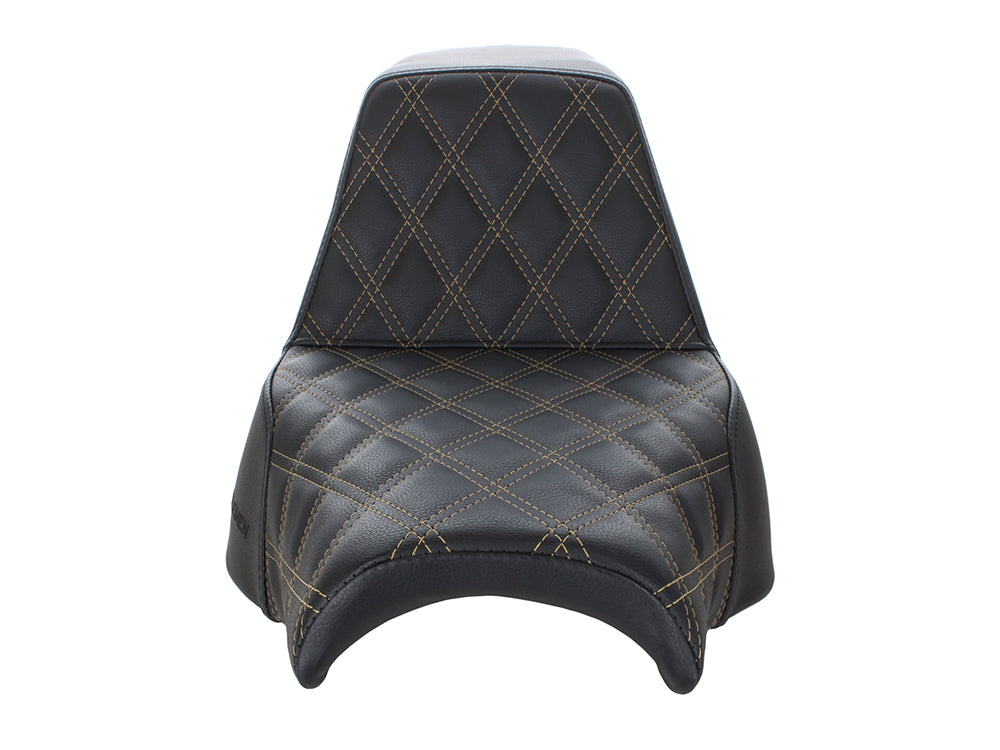 Step-Up LS Dual Seat with Gold Double Diamond Lattice Stitch. Fits Fat Bob 2018-2024