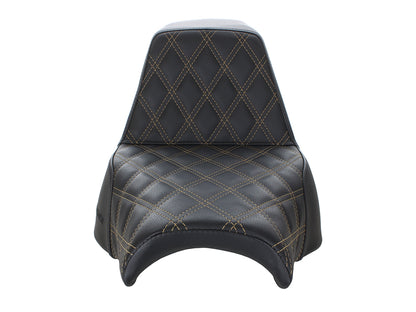 Step-Up LS Dual Seat with Gold Double Diamond Lattice Stitch. Fits Fat Bob 2018-2024